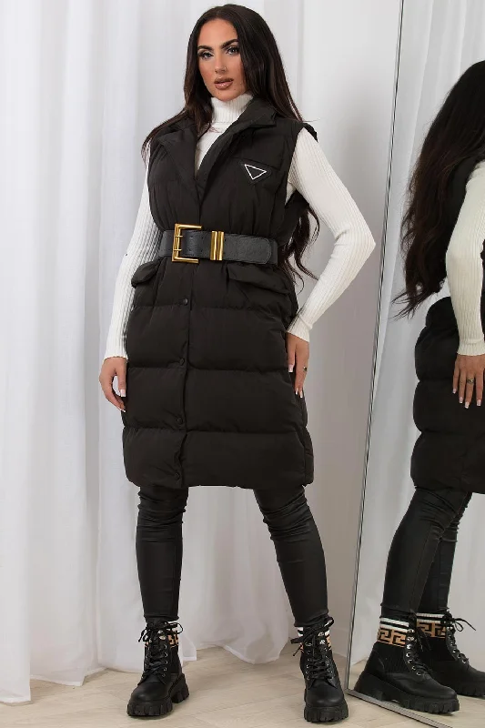 Black Long Puffer Gilet With Lapel Collar & Belt