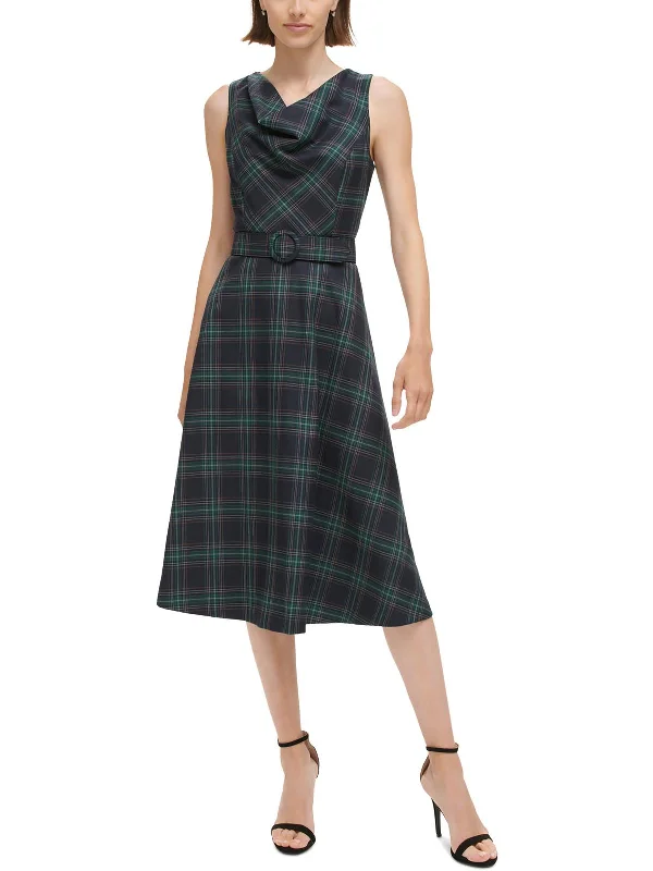 Womens Plaid Mid Calf Shift Dress