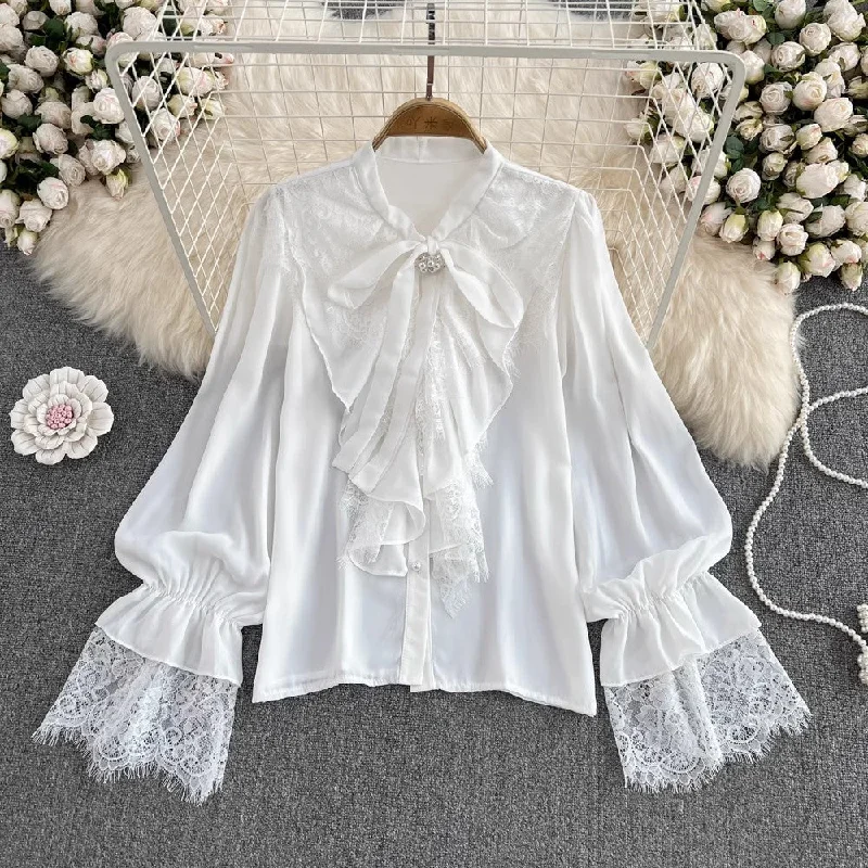 Seasonal Clearance Lace Bell Sleeves Bow Tie Shirt Women's Fashionable Top     S4088