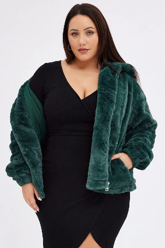 Green Zip Jacket Lined Plush Faux Fur