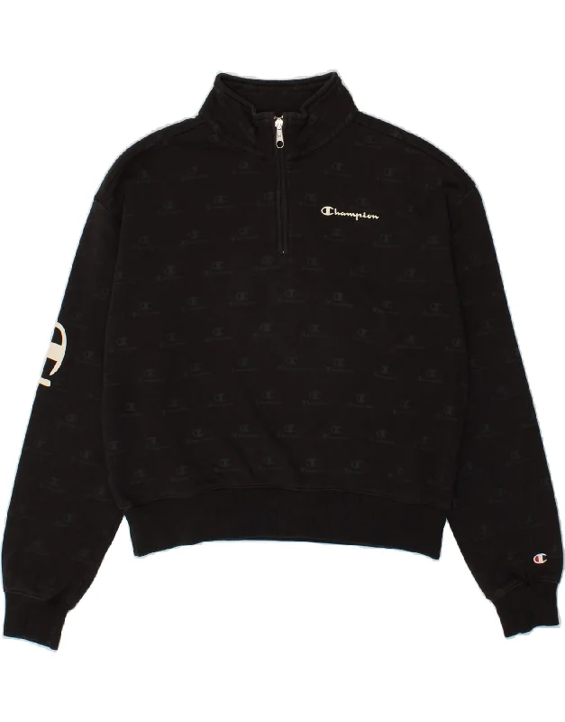 Stock Up and Save CHAMPION Womens Graphic Zip Neck Sweatshirt Jumper UK 16 Large Black