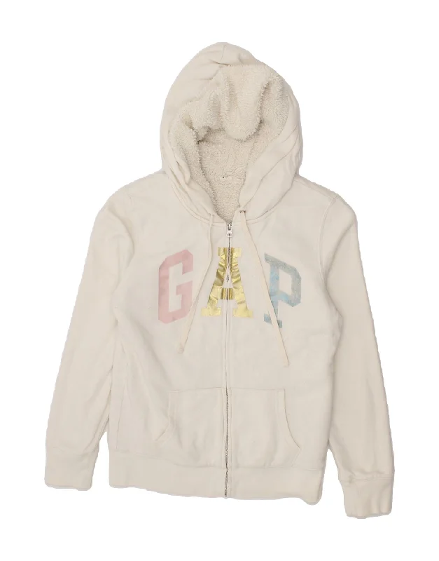 Markdowns GAP Womens Sherpa Graphic Zip Hoodie Sweater UK 10 Small White Cotton