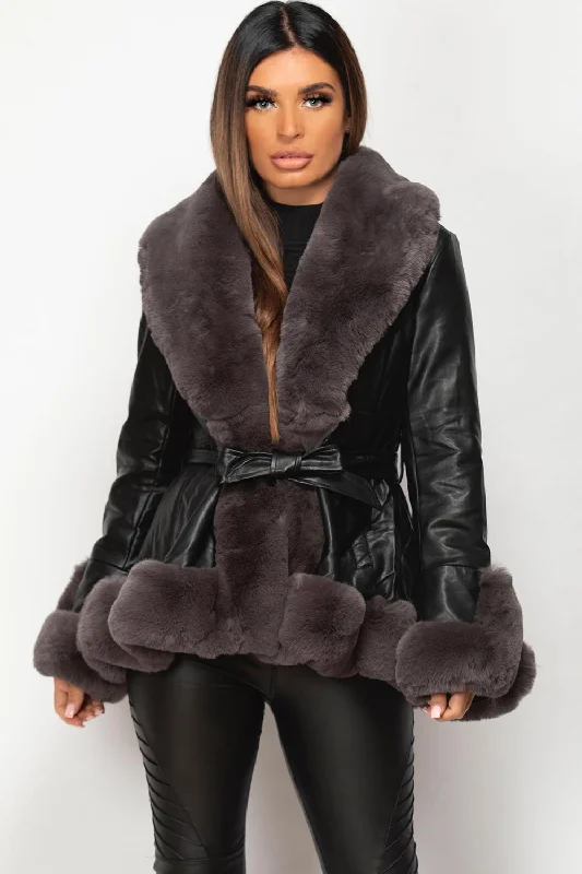 Early Access Black Faux Leather Faux Fur Belted Jacket