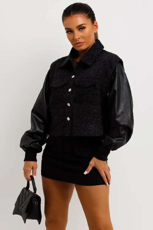 Tweed Bomber Jacket With Faux Leather Sleeves Black