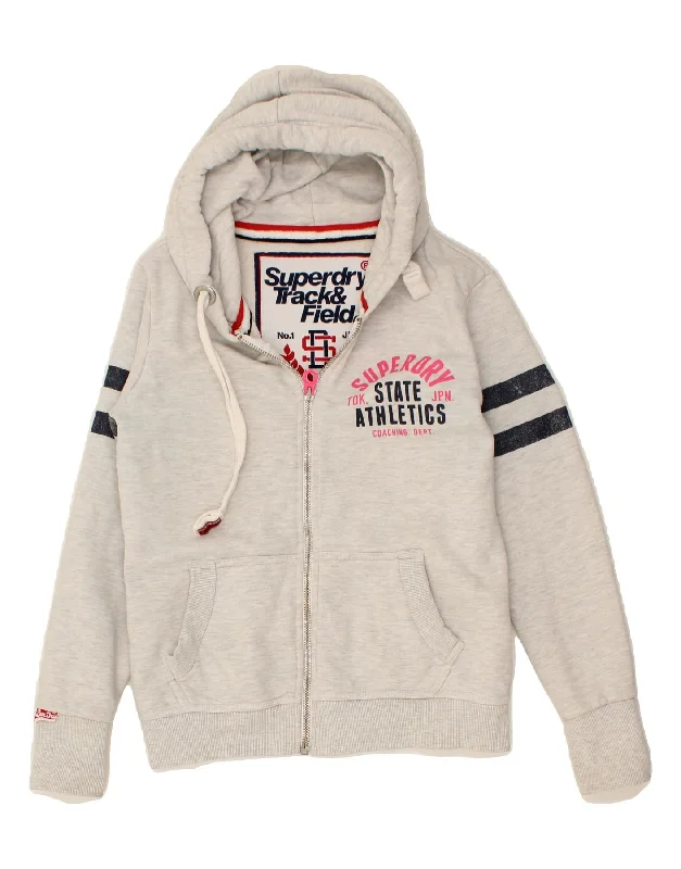 Weekend Deal SUPERDRY Womens Graphic Zip Hoodie Sweater UK 14 Medium Grey Cotton