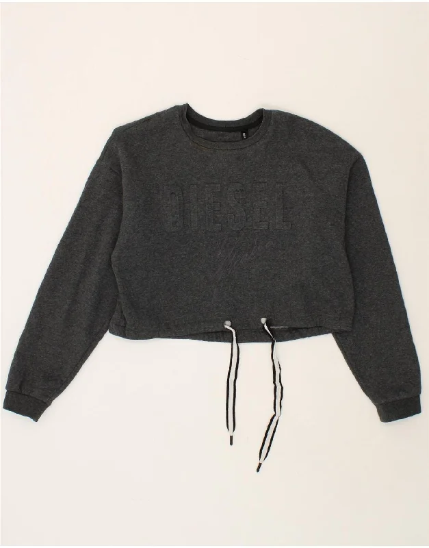 Sale Event DIESEL Womens Graphic Crop Sweatshirt Jumper UK 14 Medium Grey Polyester