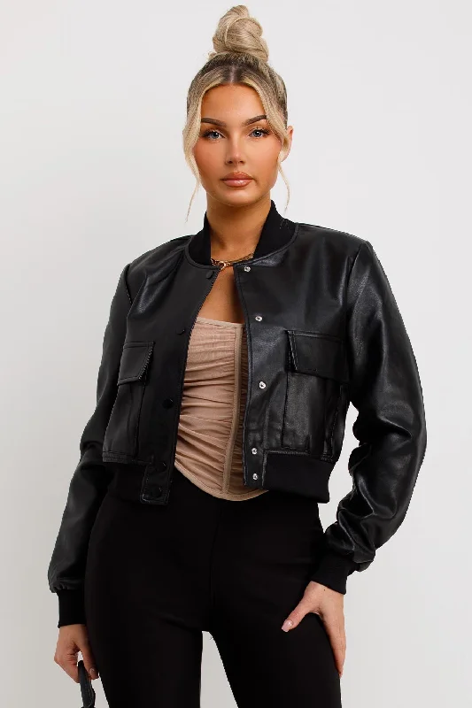 Lowest Price Black Faux Leather Bomber Jacket