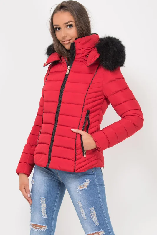 Deal of the Day Puffer Jacket With Faux fur Hood And Quilted Detail Red