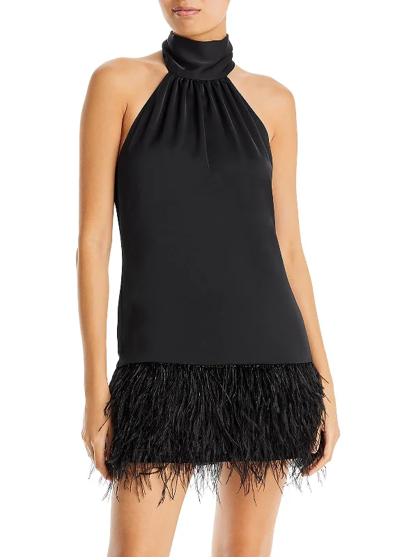 Danni Womens Halter Faux Feather Trim Mini Dress