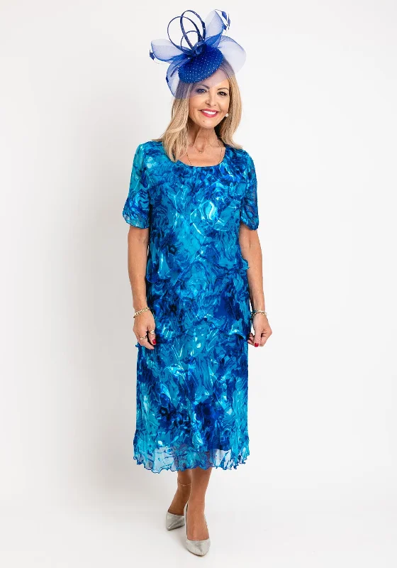 Allison Printed Silk Layered Midi Dress, Royal Blue