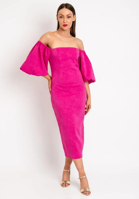 Casting Embossed Leaf Print Midi Pencil Dress, Fuchsia