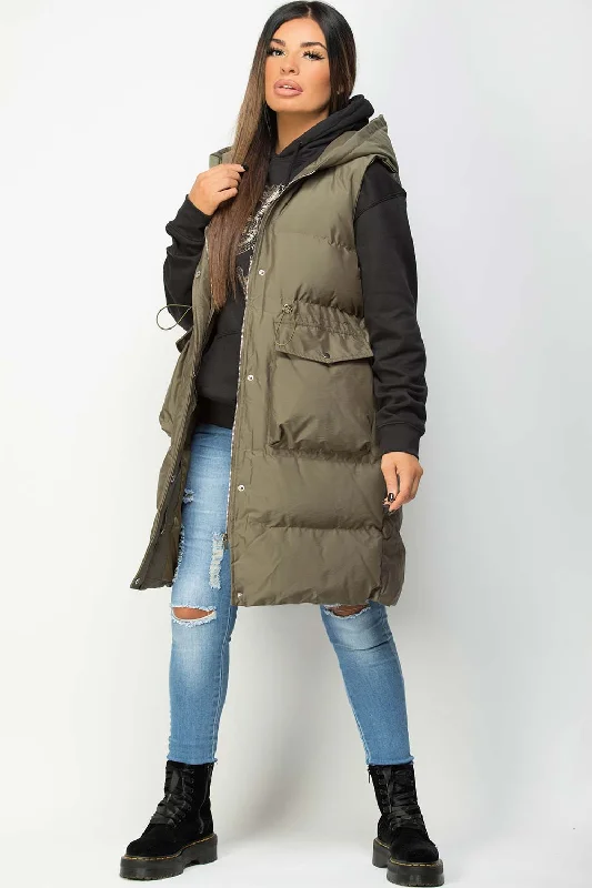 Epic Deals Khaki Padded Longline Gilet With Drawstring Waist