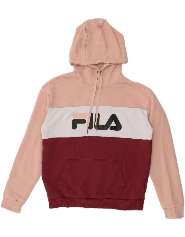 FILA Womens Graphic Hoodie Jumper UK 10 Small Pink Colourblock Cotton