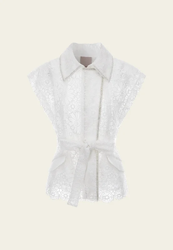Mega Sale White Lace Cap Sleeves Tie-waist Vest