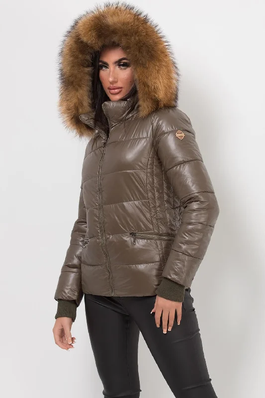 Super Sale Puffer Jacket With Real Fur Hood Khaki