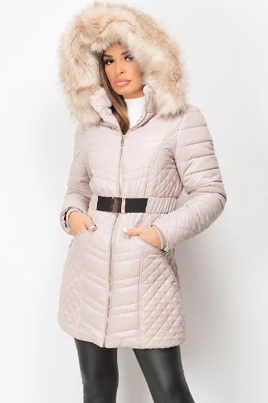 Online Only Beige Faux Fur Hooded Padded Coat With Belt