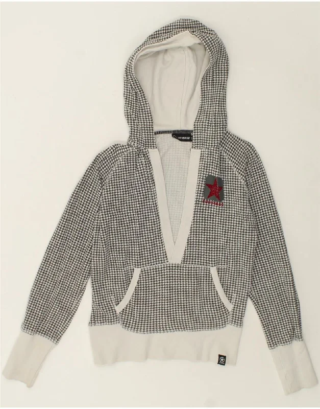 Price Drop CONVERSE Womens Crop Hoodie Jumper UK 14 Large Grey Houndstooth Cotton