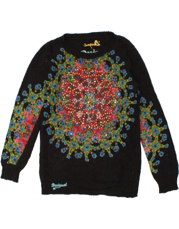 DESIGUAL Womens Graphic Boat Neck Jumper Sweater UK 12 Medium Black Floral