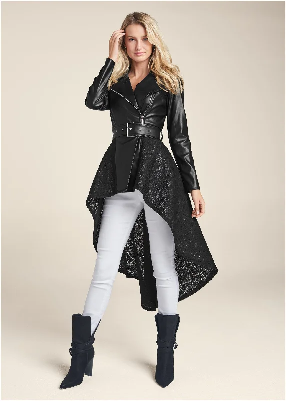 Quick Sale Faux Leather And Lace Detail Trench Coat - Black
