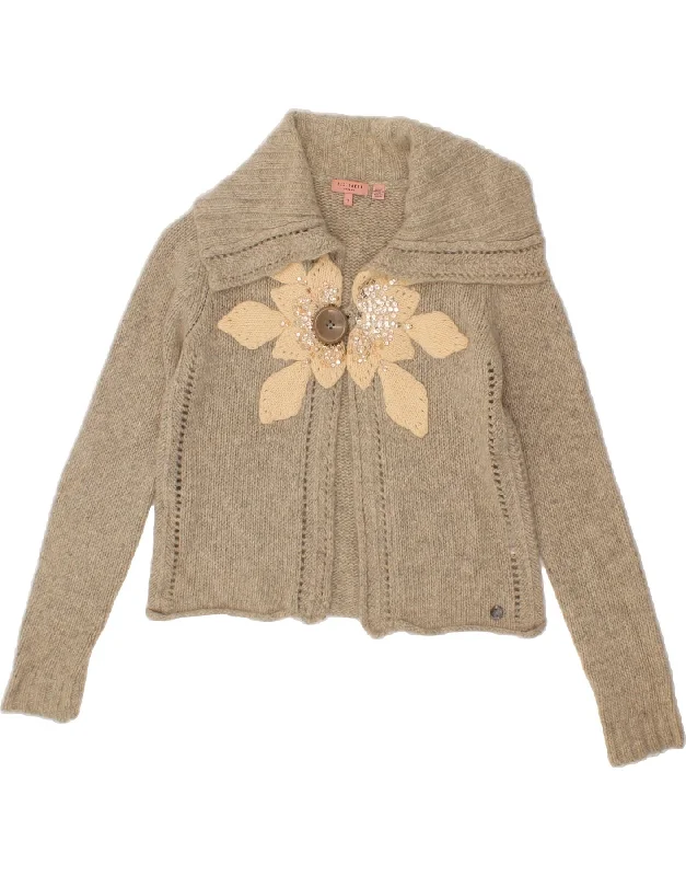 TED BAKER Womens Crop Cardigan Sweater Size 2 Small Beige Wool