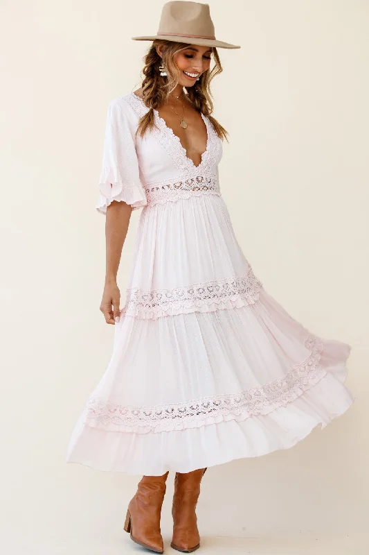 Fantastic Offers Indio Crochet Insert Deep V-Neckline Angel Sleeve Maxi Dress Pink