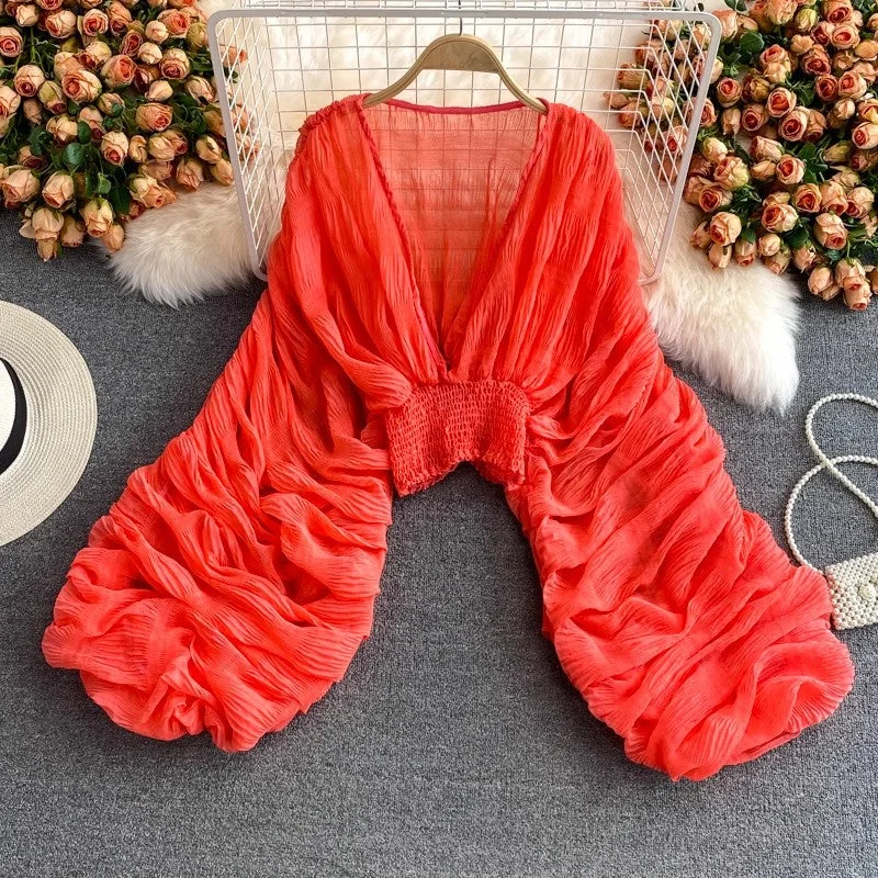 Can't Miss deep V-neck lantern sleeve chiffon short top     S4028