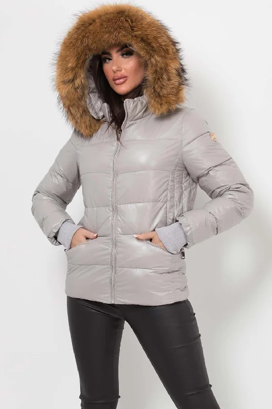 Buy More, Save More Puffer Jacket With Real Fur Hood Grey