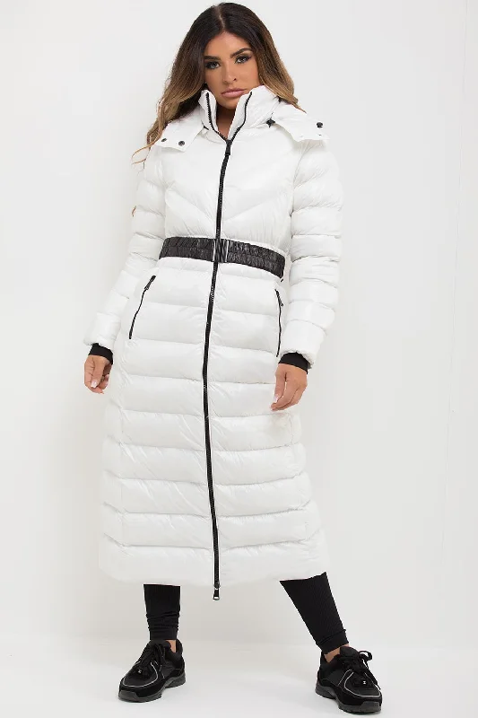 White Longline Puffer Padded Jacket With Hood & Belt