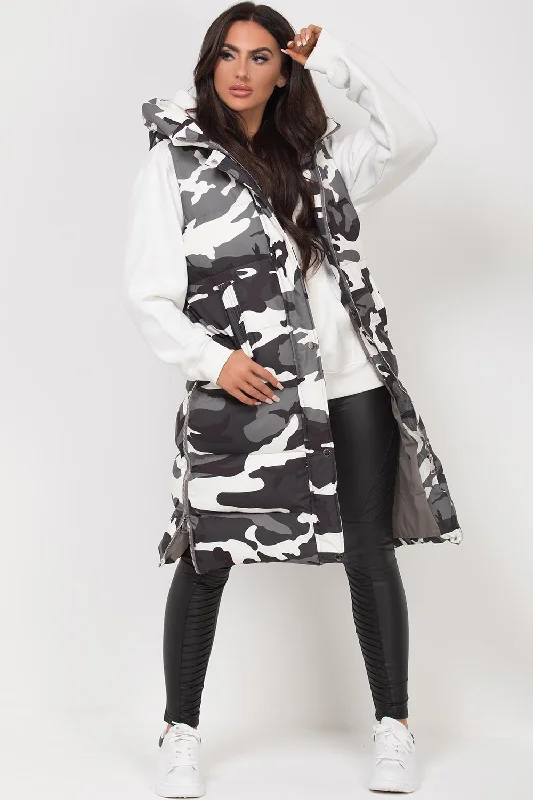 Weekend Deal Camouflage Longline Puffer Gilet Grey