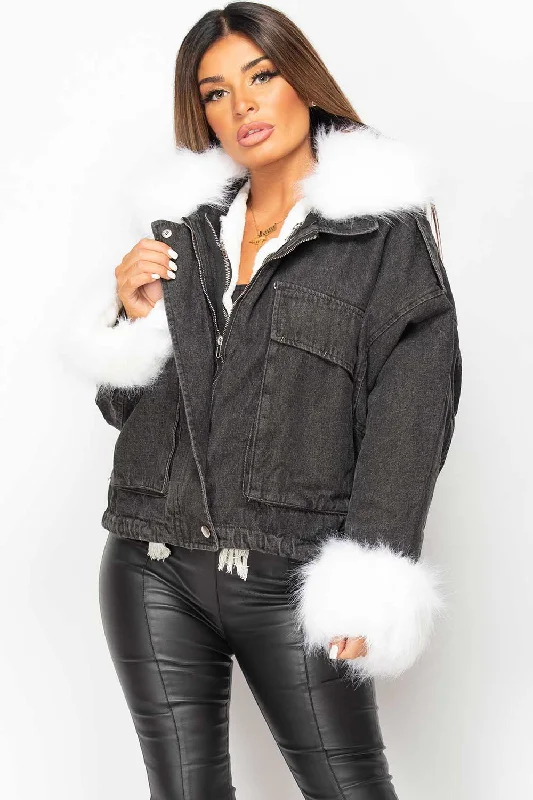 Special Promotion Black Denim Oversized Jacket With White Faux Fur