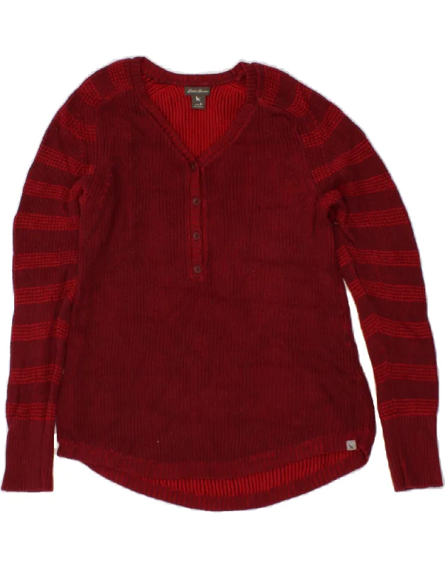 Daily Specials EDDIE BAUER Womens V-Neck Jumper Sweater UK 12 Medium Red Striped Cotton