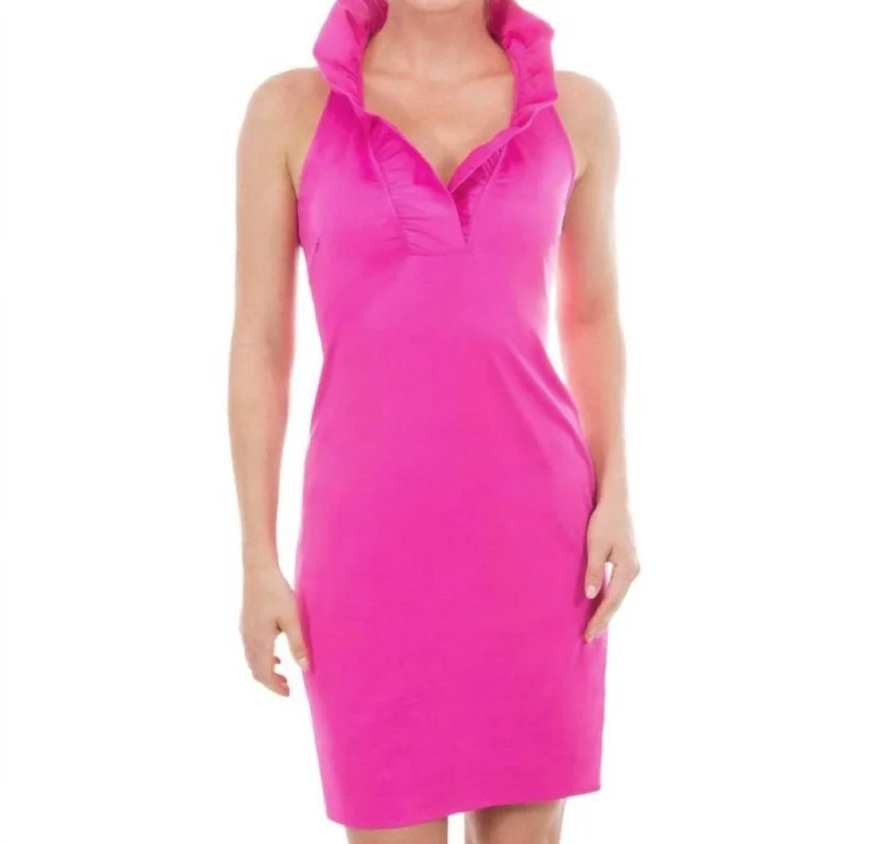 Ruffle Neck Solid Jersey Sleeveless Dress In Hot Pink