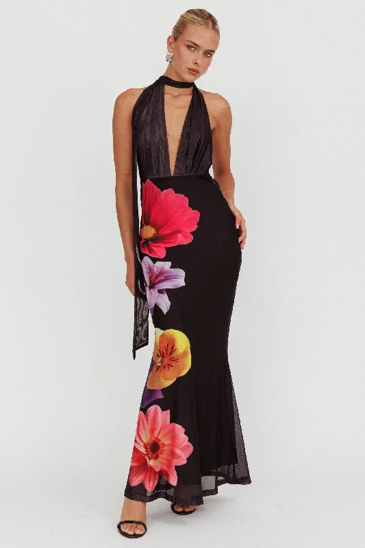 Now or Never Italia Azure Halterneck Maxi Dress Flowers Black