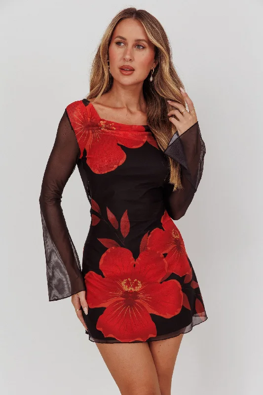 Epic Deals Isabella Long Sleeve Backless Mini Dress Hibiscus Black