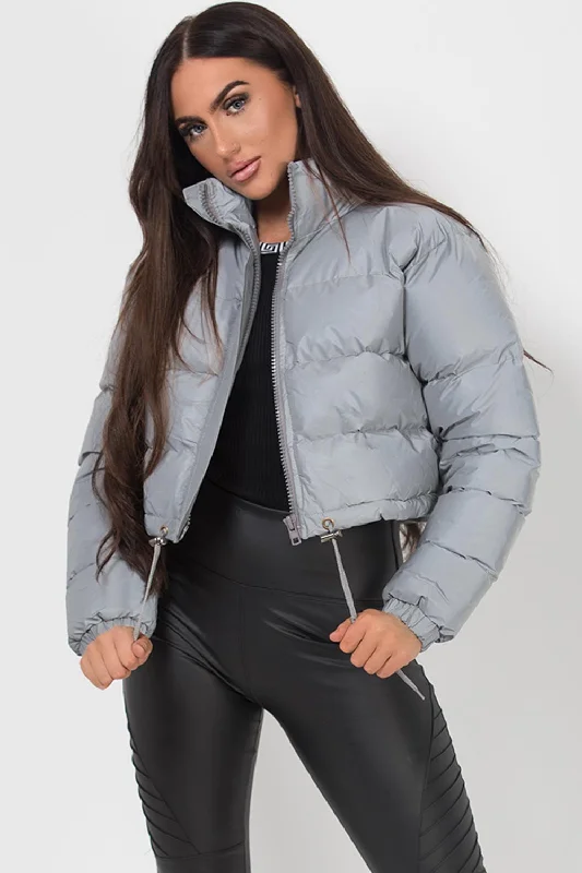 Flash Sale Crop Puffer Jacket Grey Reflective