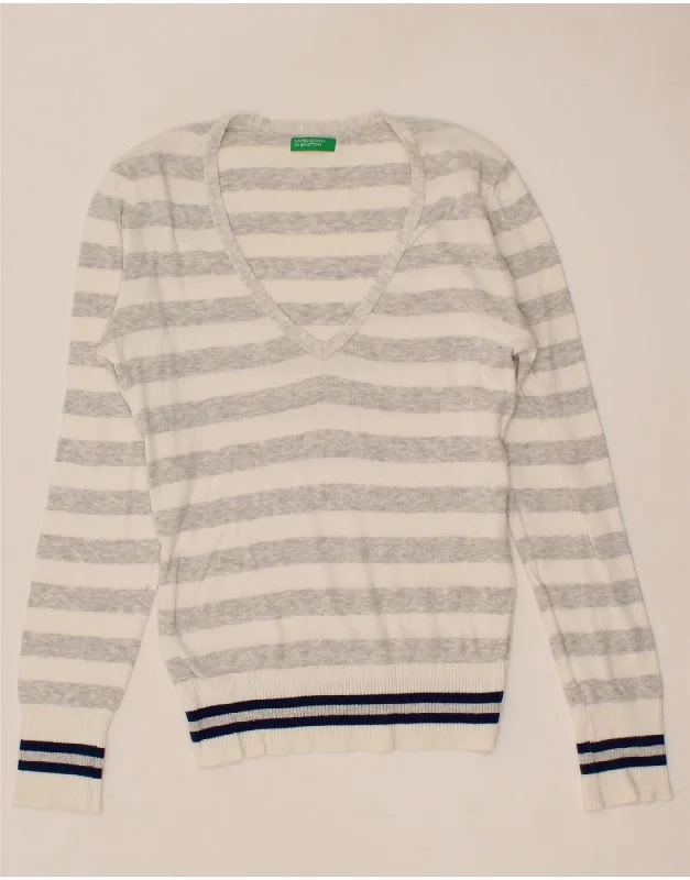 Amazing Deals BENETTON Womens V-Neck Jumper Sweater UK 10 Small Grey Striped Cotton
