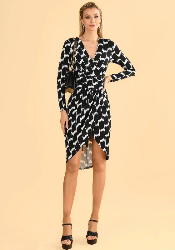 Jolie Moi Phebe Ruched Wrap Print Dress, Black