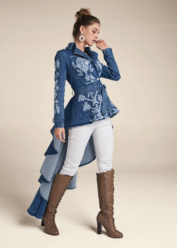 Extra Savings Printed High Low Denim Trench Coat - Indigo Blue