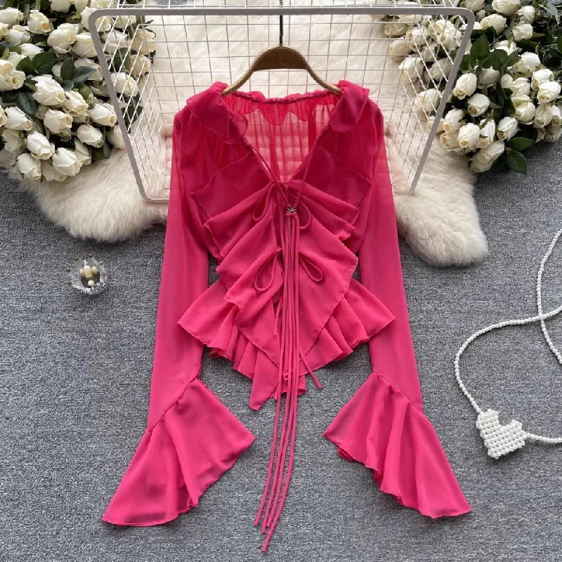 Flash Sale Designed irregular bell-sleeved chiffon shirt for women new style ruffled V-neck top trendy      S4601