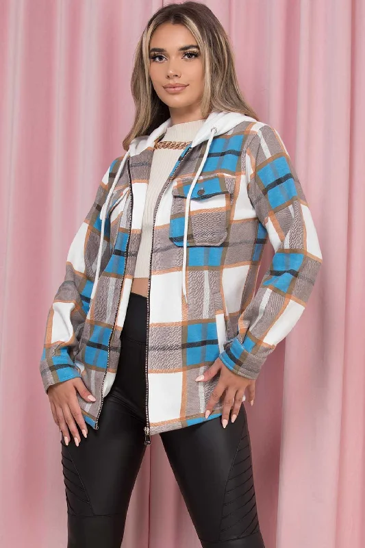 Amazing Deals Check Shacket With Hood Blue And Brown