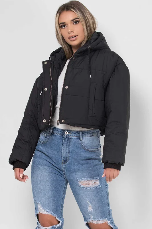 Extra Discounts Black Crop Puffer Jacket With Hood