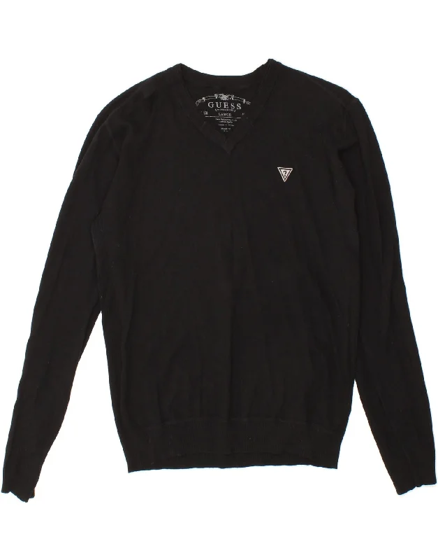 The Best Prices GUESS Womens V-Neck Jumper Sweater UK 16 Large Black Cotton