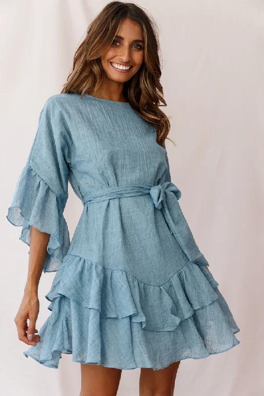 Year-End Sale Wilshire Tiered Ruffle Hem Dress Denim Blue