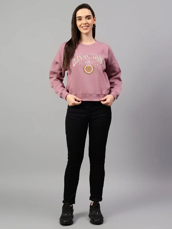 Best Bargains Women's Mauve Printed Round Neck Crop Sweatshirt