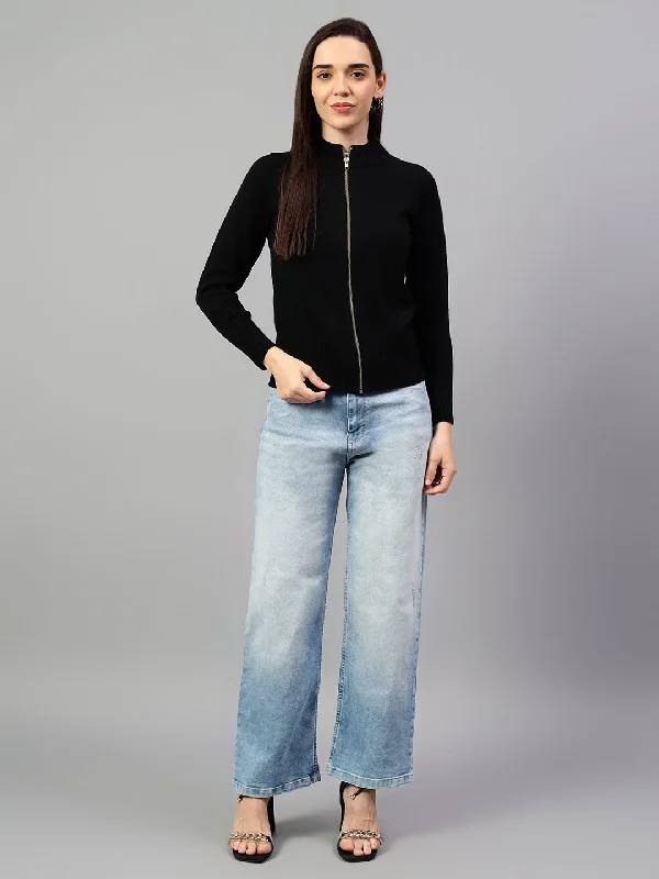 Referral Discount Women's Black Solid Mock Collar Sweatshirt