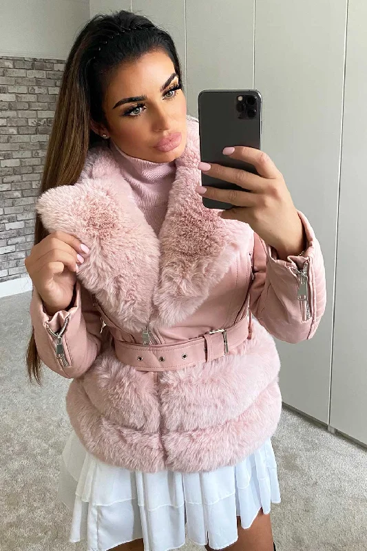 Closeout Sale Faux Fur Faux Leather Belted Jacket Pink