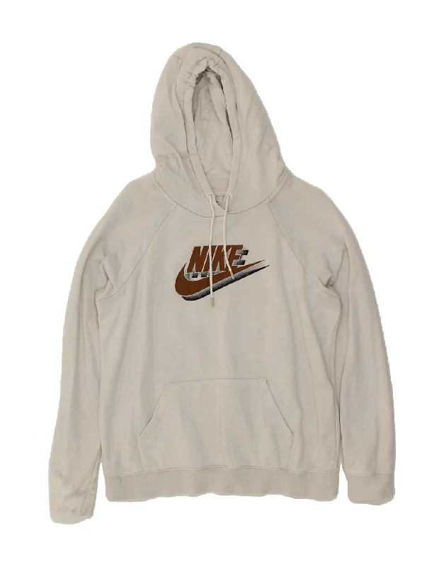 NIKE Womens Graphic Hoodie Jumper UK 14 Medium Off White Cotton