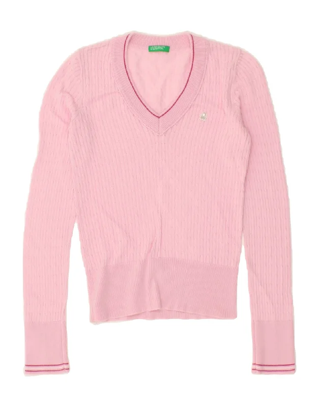 BENETTON Womens Crop V-Neck Jumper Sweater UK 8 Small Pink