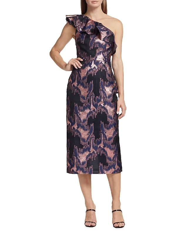 Lina One Shoulder Jacquard Dress In Navy / Rose Gold