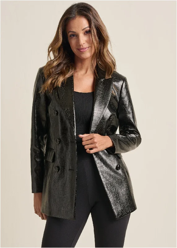 Hurry In Faux Croc Blazer - Black